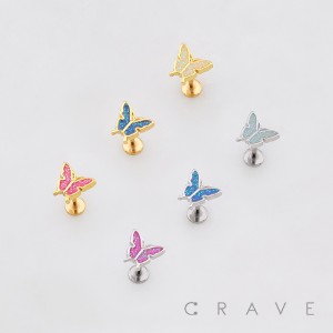 SPARKLING BUTTERFLY GLITTER CHARM THREADLESS LABRET SET 316L SURGICAL STEEL